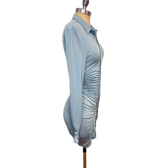 House of CB Deana powder blue jersey asymmetric mini shirt dress Small - Picture 5 of 7